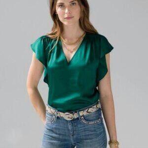 WHBM Emerald Green Deep V-Neck Flutter Sleeve Blouse Size XL Great Condition